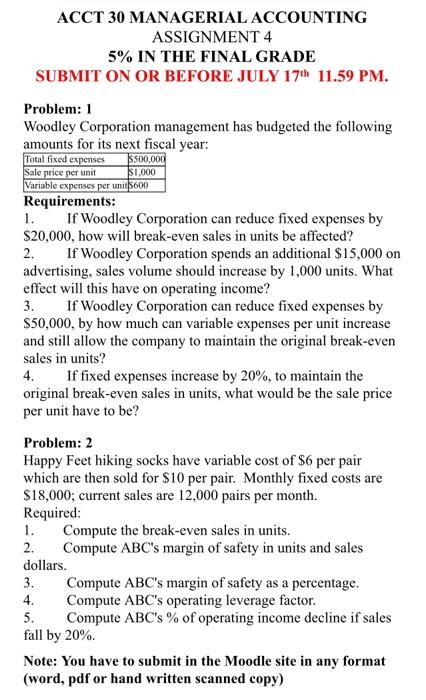  ACCT 30 MANAGERIAL ACCOUNTING ASSIGNMENT 4 5% IN THE FINAL GRADE