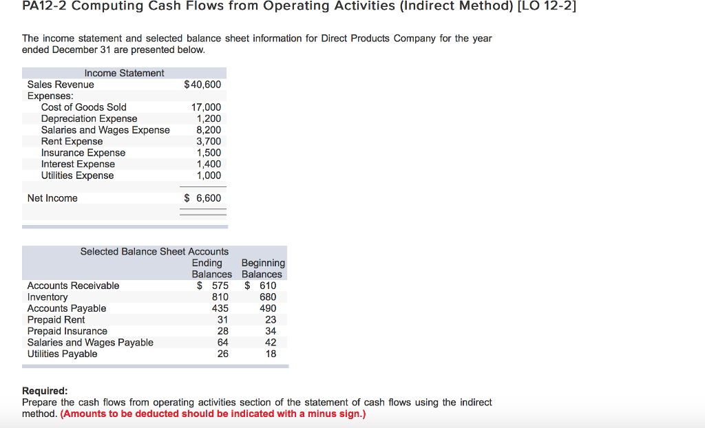  PA12-2 Computing Cash Flows from Operating Activities (Indirect Method) [LO 12-2]