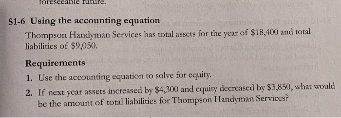  foreseeable future. S1-6 Using the accounting equation Thompson Handyman Services has