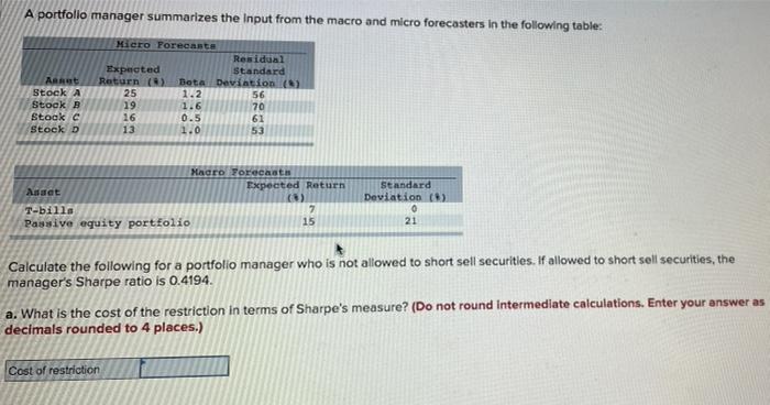 please answer all parts correctly A portfolio manager summarizes the input from