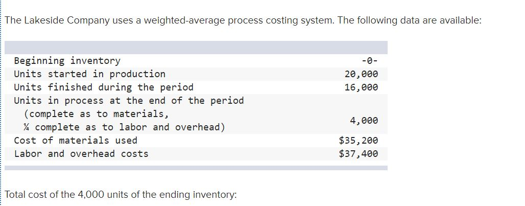 The Lakeside Company uses a weighted average process costing system. The