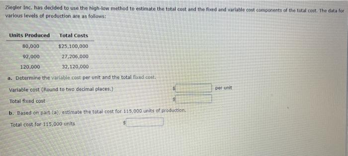  Ziegler Inc. has decided to use the high-low method to estimate
