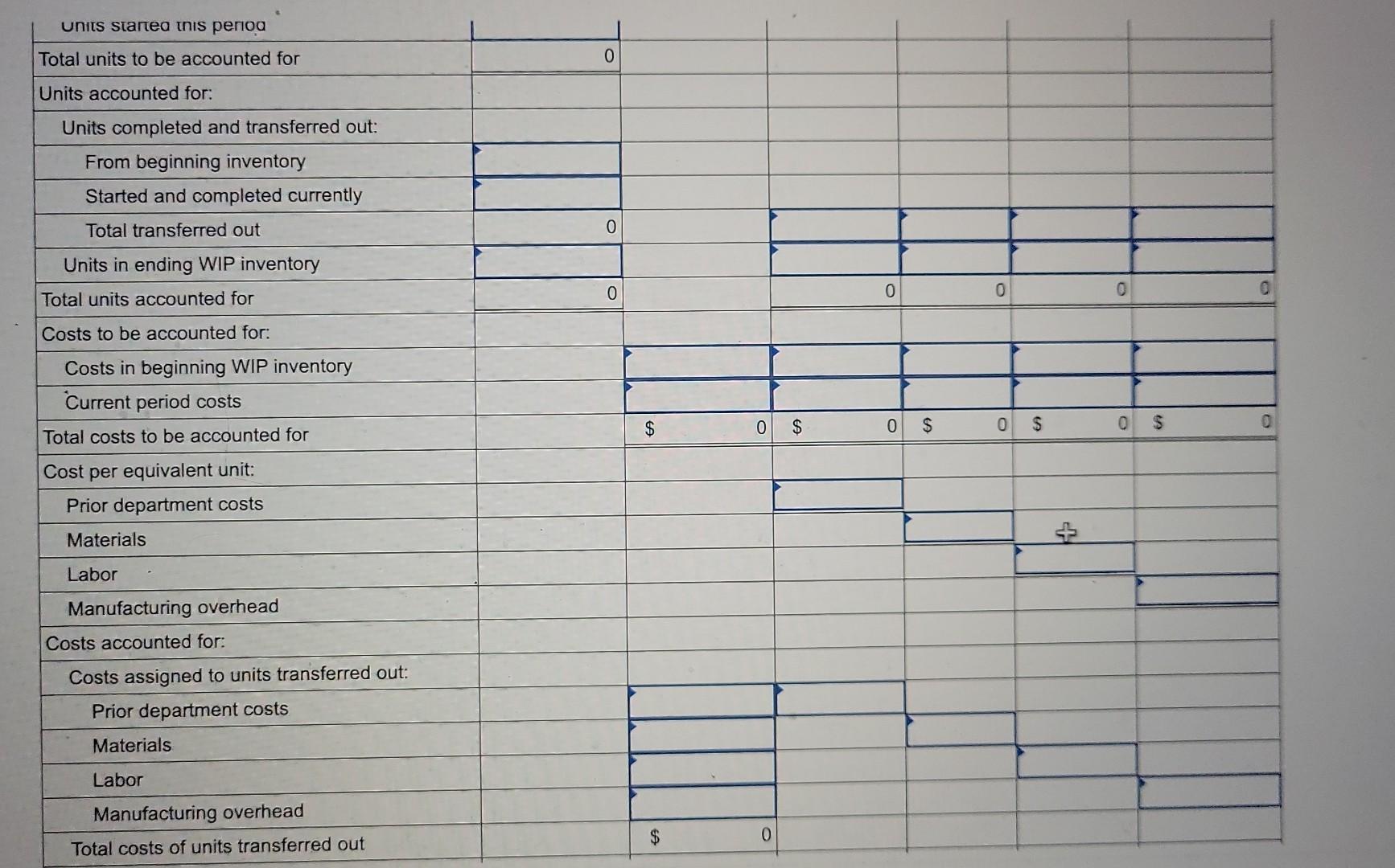 account for costs of production in all three departments. The following information