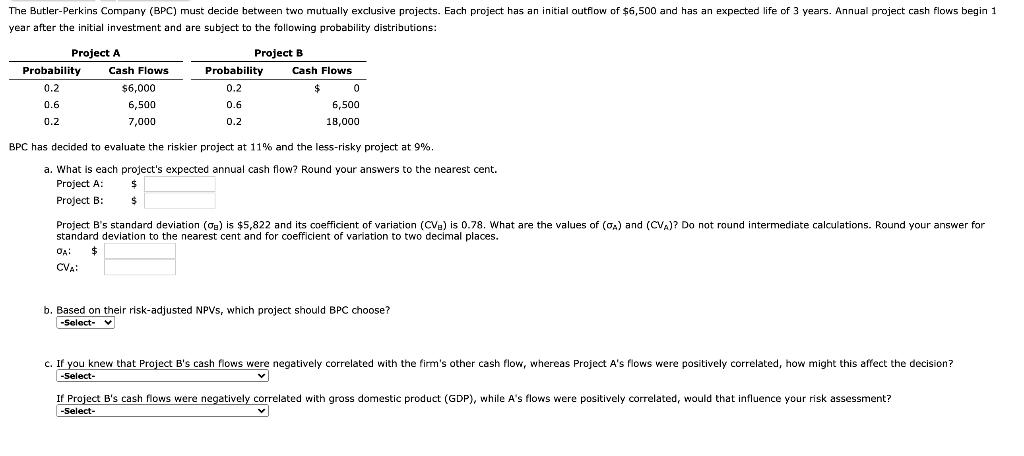 The Butler-Perkins Company (BPC) must decide between two mutually exclusive projects.