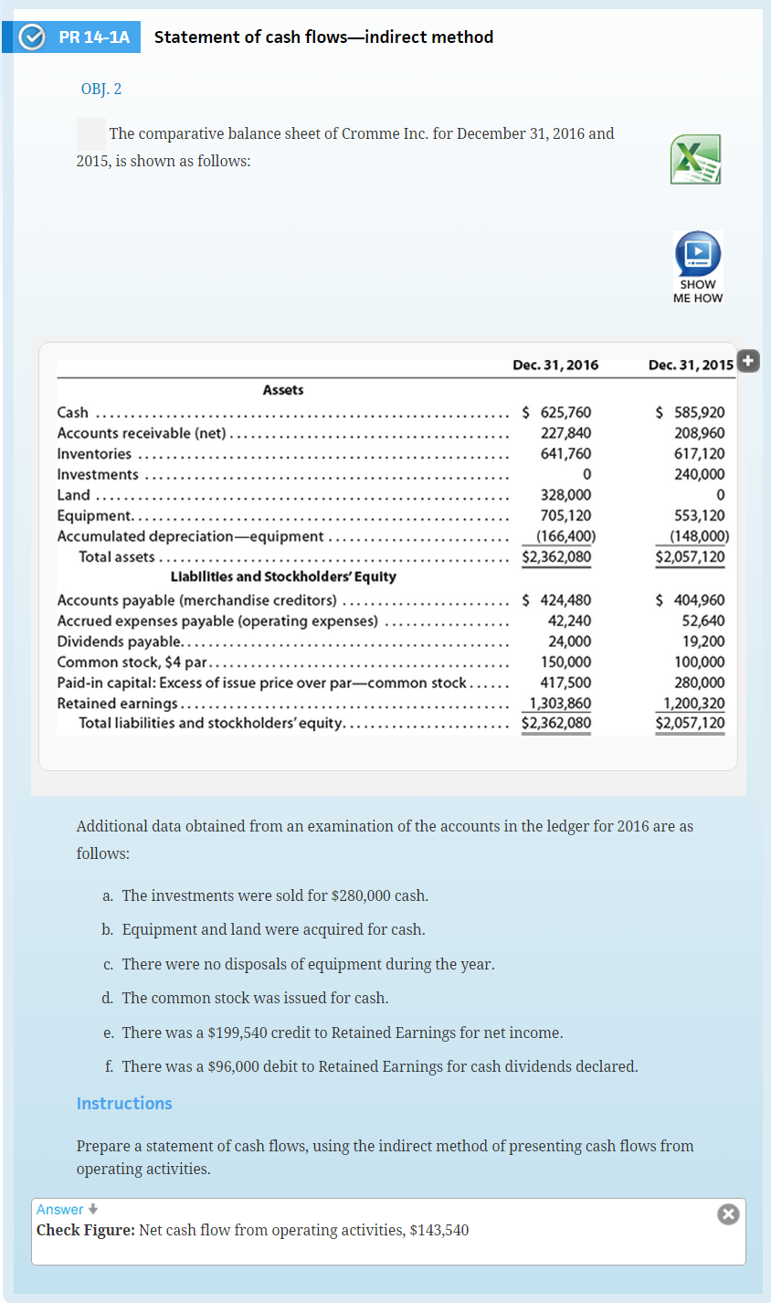 PR 14-1A Statement of cash flows - indirect method The comparative balance