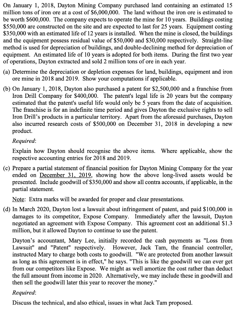  ***only need to answer part d On January 1, 2018, Dayton