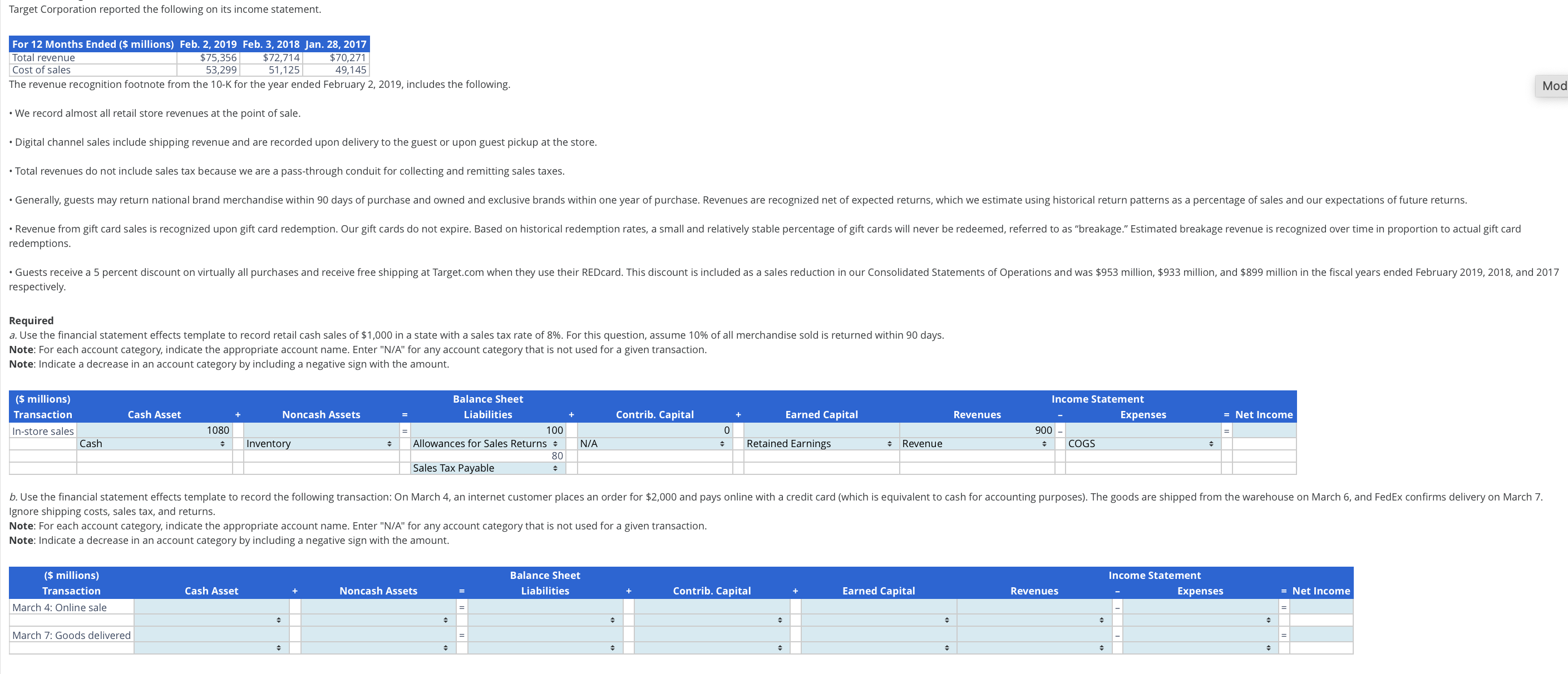  Question: Please provide anwers in the same format as the tables