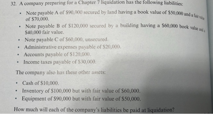  32. A company preparing for a Chapter 7 liquidation has the