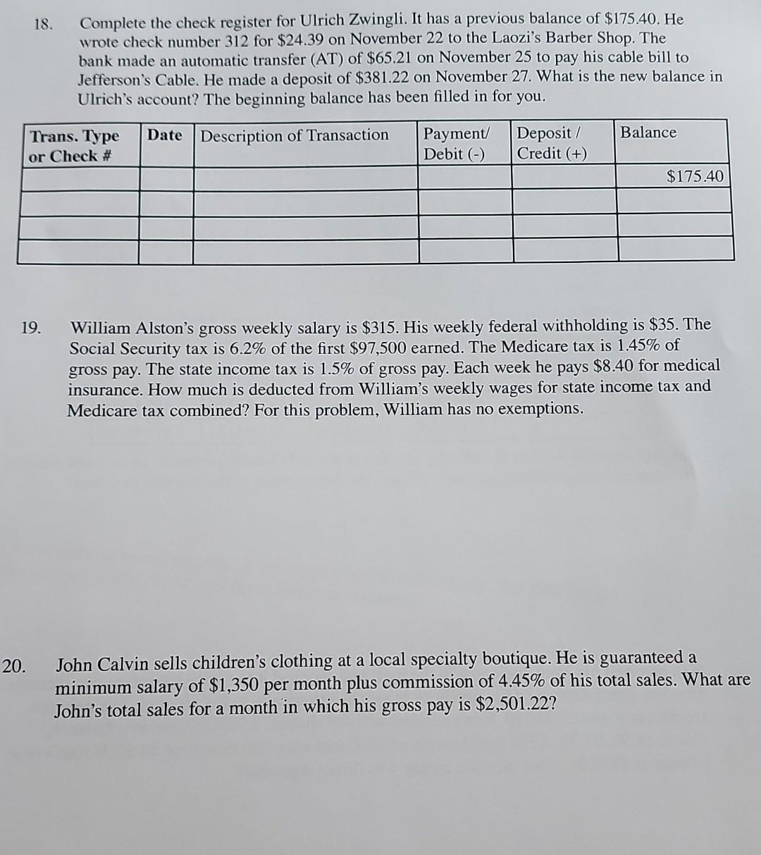  I need help with this problem 18. Complete the check register