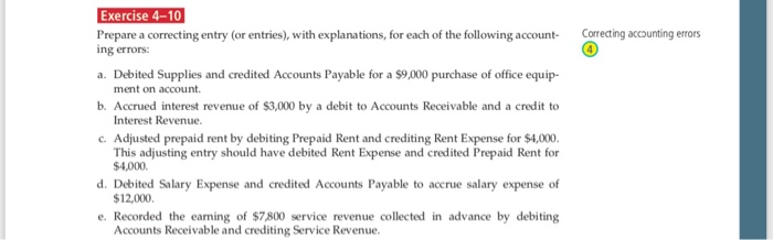  Exercise 4-10 Prepare a correcting entry (or entries), with explanations, for