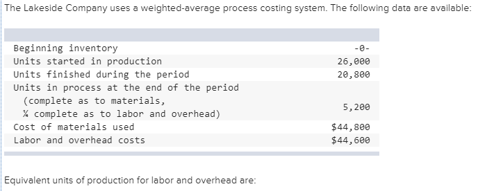  The Lakeside Company uses a weighted-average process costing system. The following