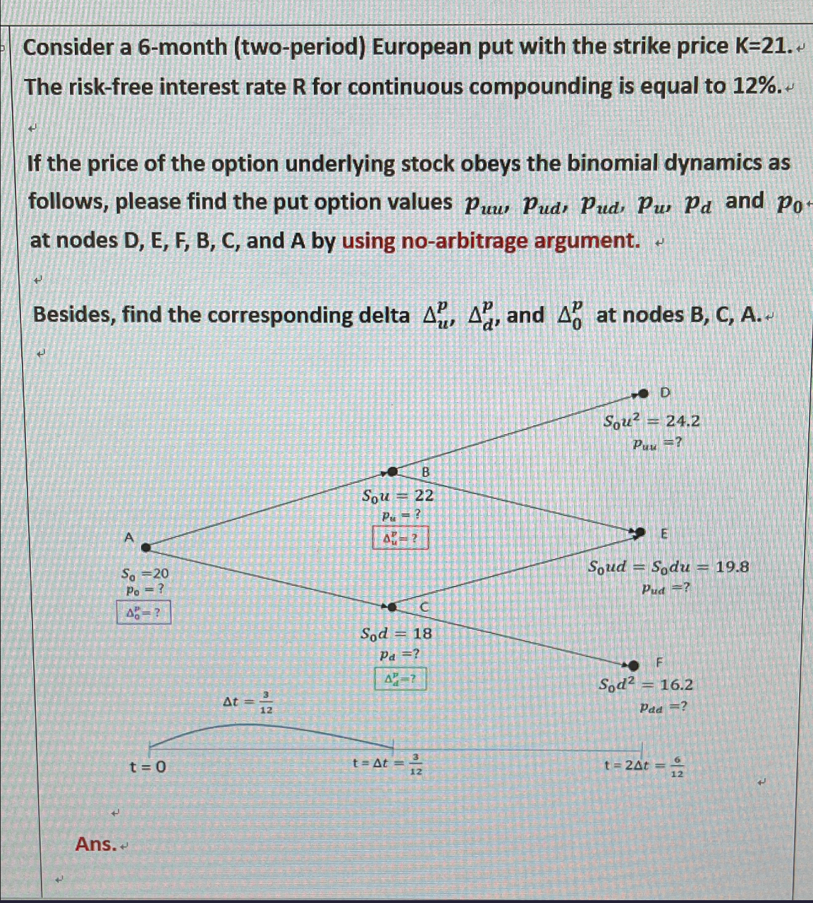  Consider a 6-month (two-period) European put with the strike price K=21.