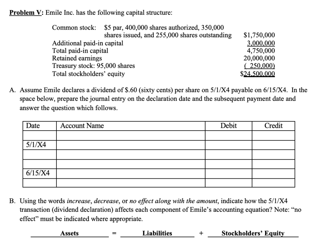 Problem V: Emile Inc. has the following capital structure: Common stock: