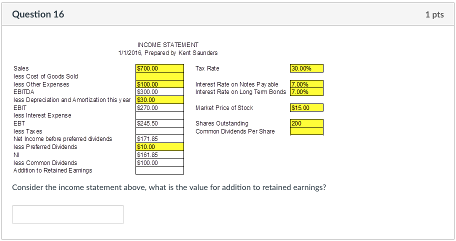 Consider the income statement above, what is the value for addition