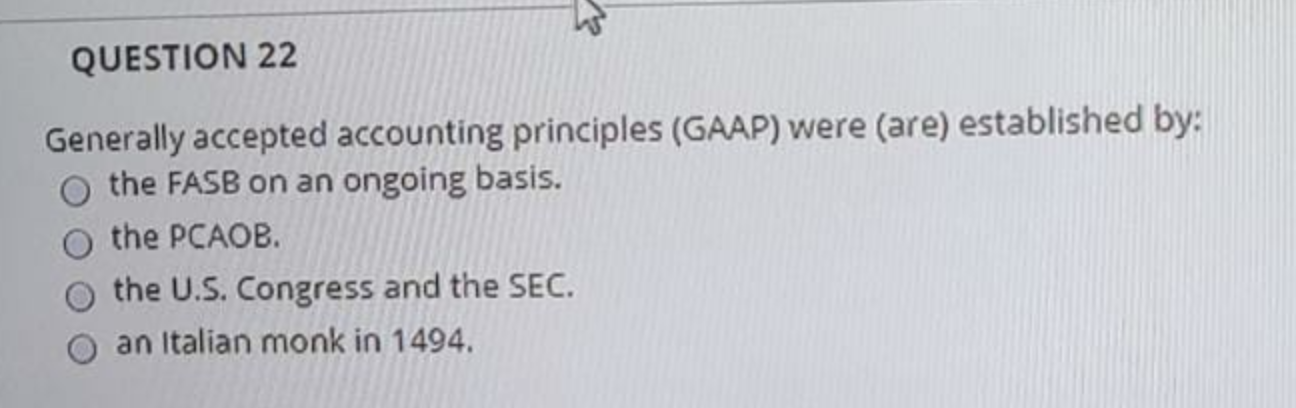 QUESTION 22 Generally accepted accounting principles (GAAP) were (are) established by: