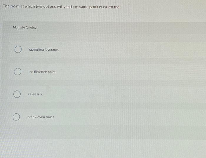  The point at which two options will yield the same profit