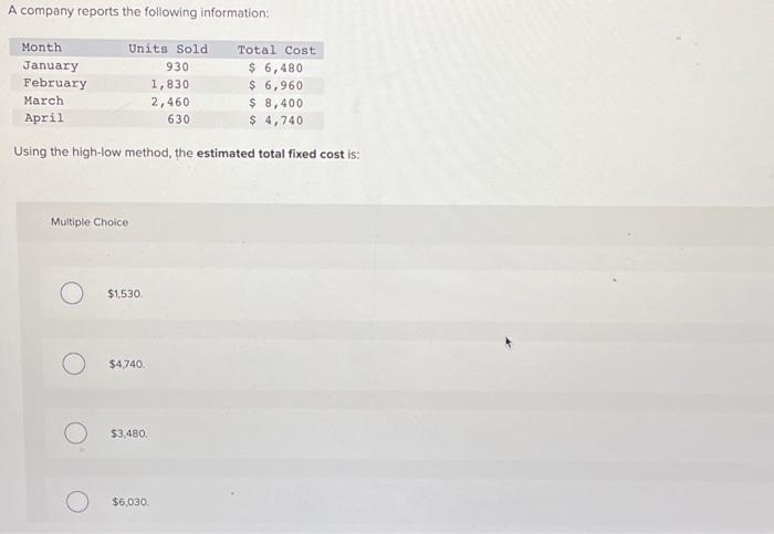  A company reports the following information: Using the high-low method, the