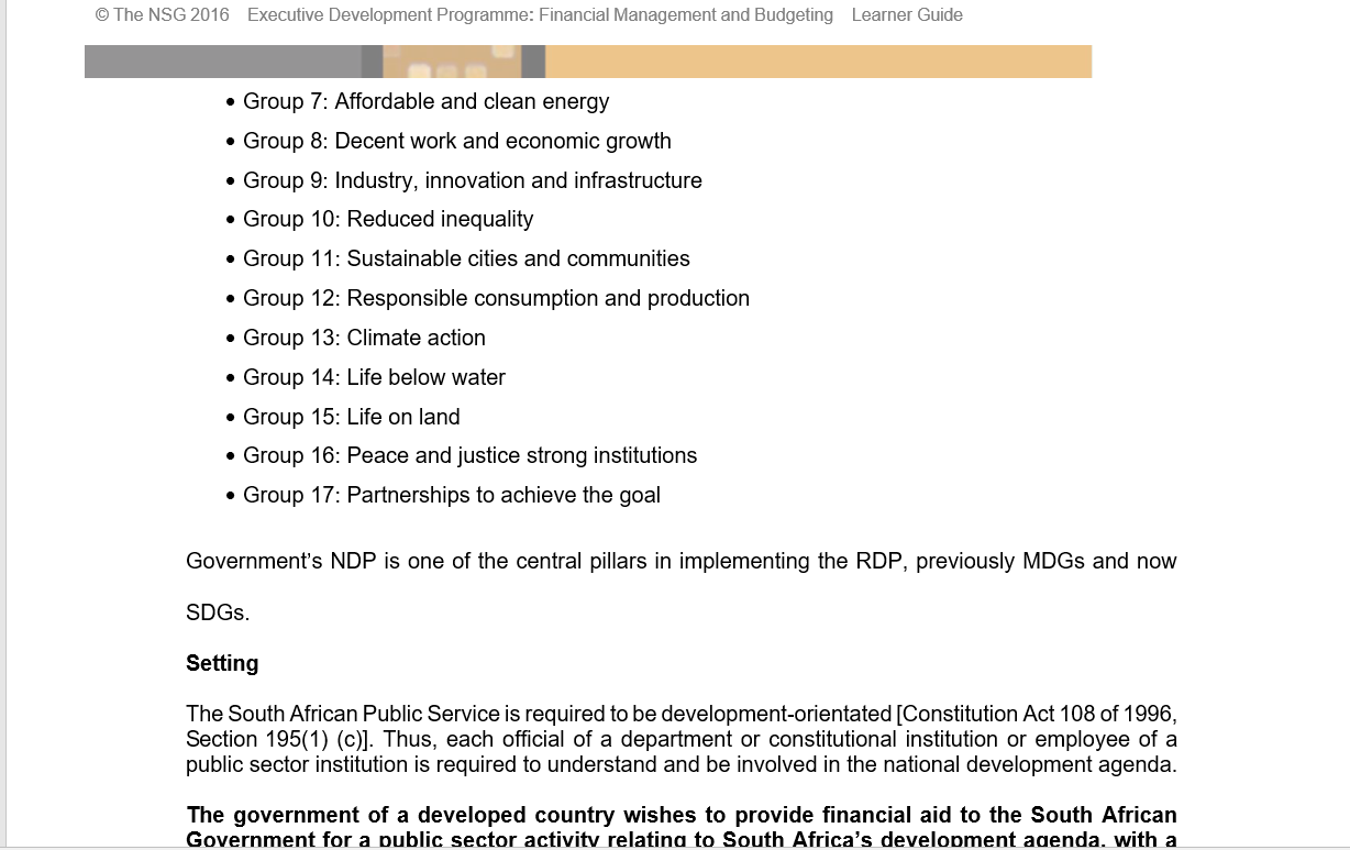 develop a project plan aligned with the Reconstruction and Development Plan (RDP),