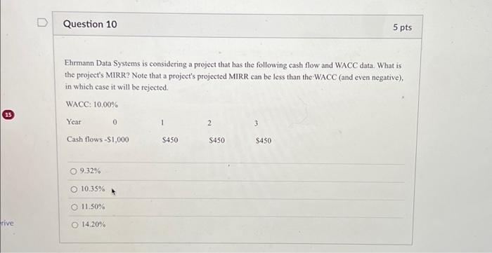  15 rive Question 10 Ehrmann Data Systems is considering a project