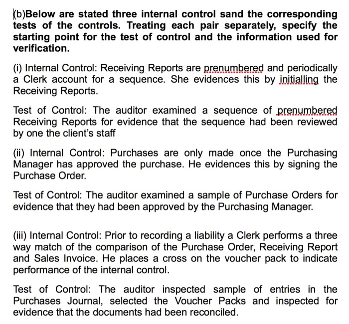  Kb)Below are stated three internal control sand the corresponding tests of