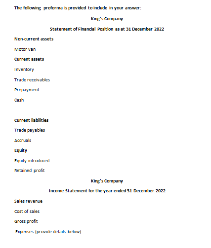 position and income statements for King's Company for 31: December 2022 [17