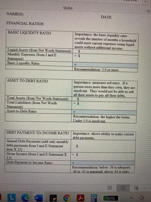 help with ratios from financial tracking 41 Styles NAME(S) DATE FINANCIAL RATIOS