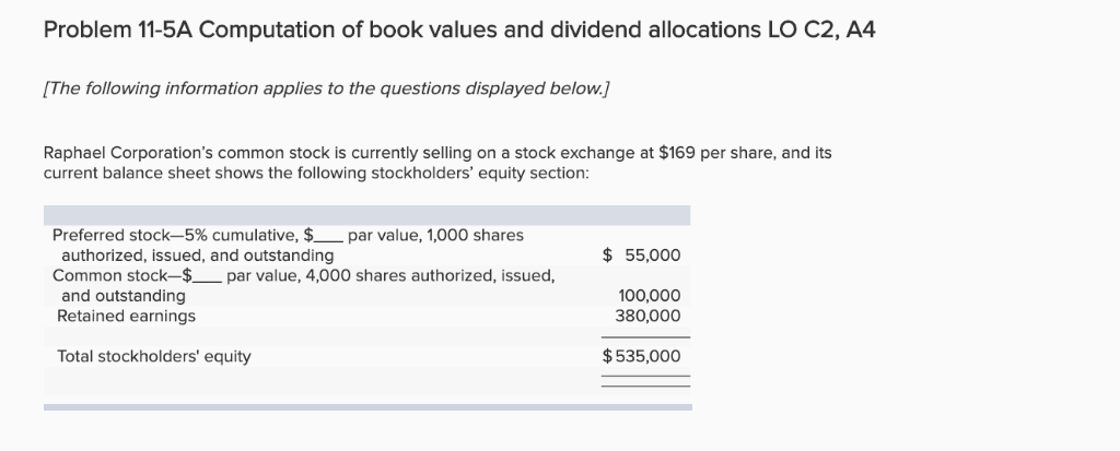 Problem 11-5A Computation of book values and dividend allocations LO C2,