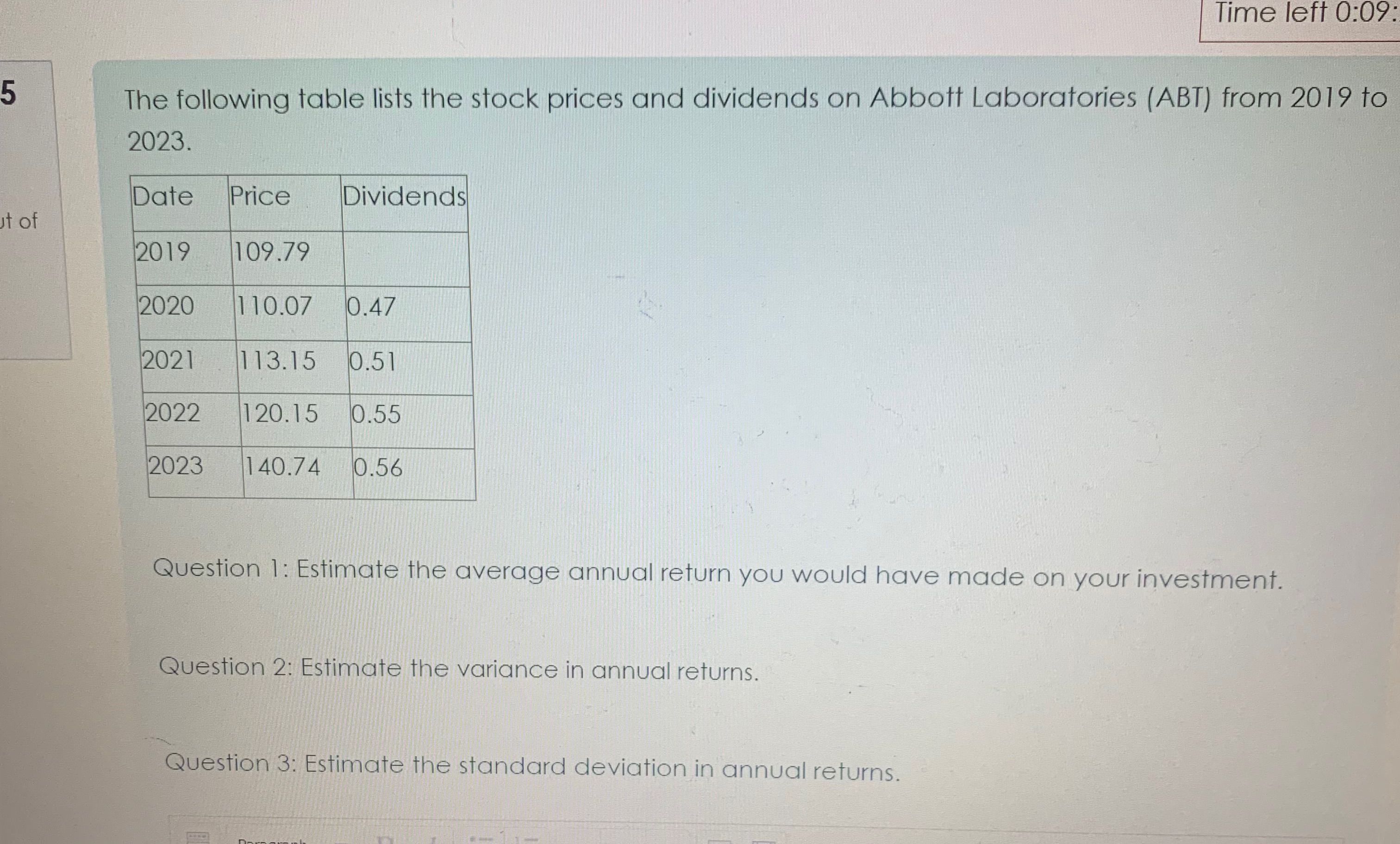  Time left 0:09: 5 The following table lists the stock prices