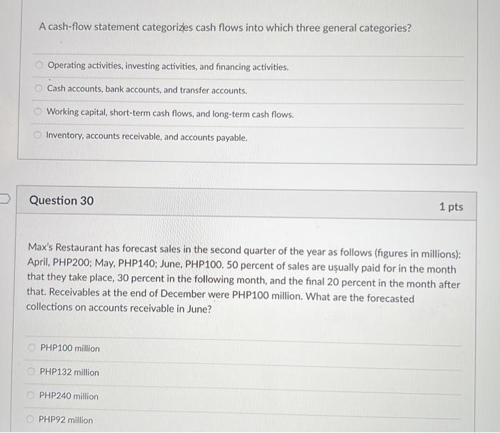  A cash-flow statement categorizes cash flows into which three general categories?