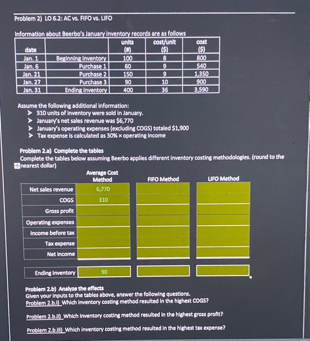  Problem 2) LO 6.2: AC vs. FIFO vs. LIFO Information about
