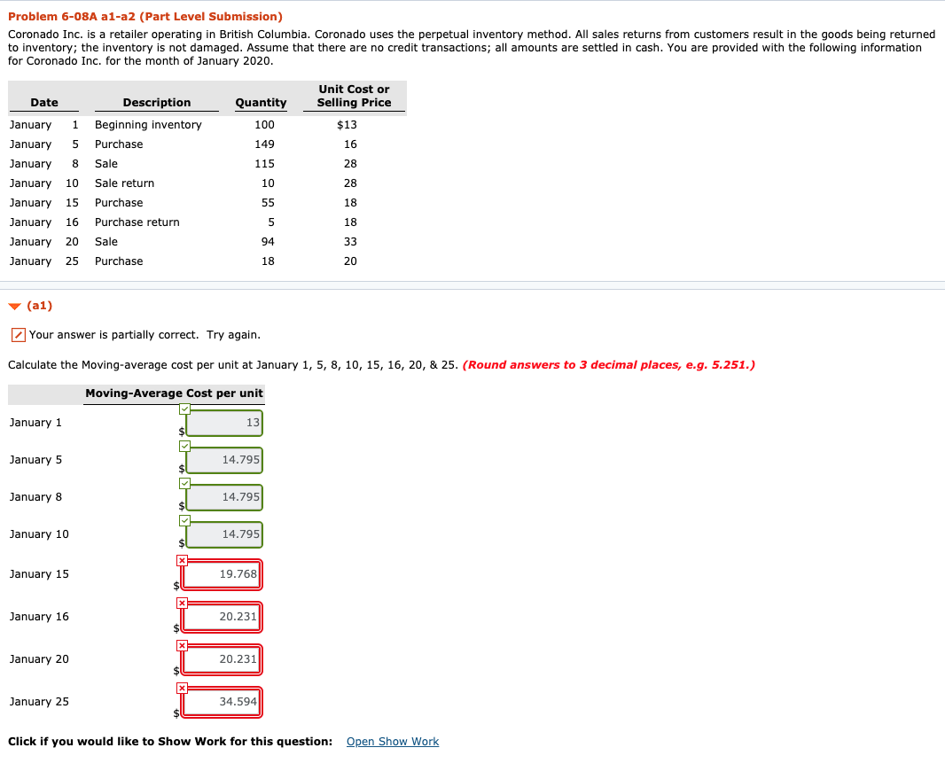 Problem 6-08A a1-a2 (Part Level Submission) Coronado Inc. is a retailer