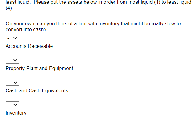  least liquid. Please put the assets below in order from most