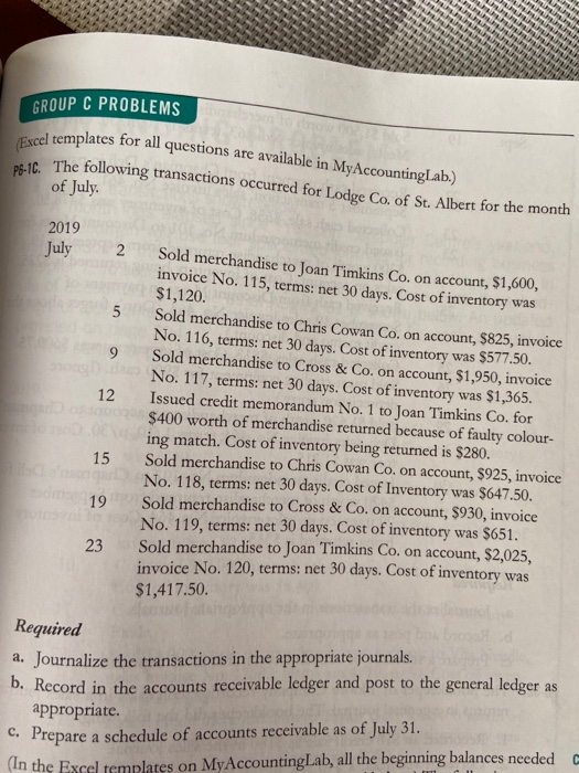  GROUP C PROBLEMS (Excel templates for all questions are available in