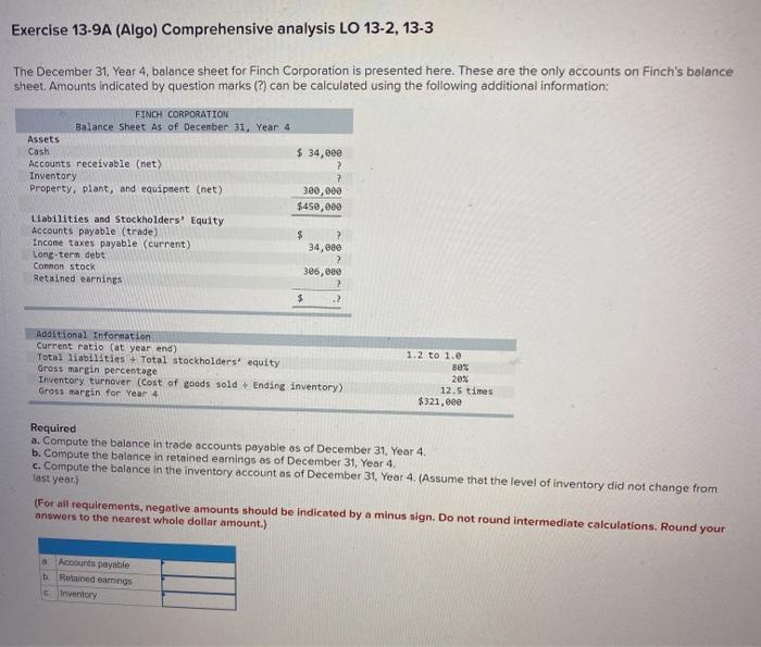  Exercise 13-9A (Algo) Comprehensive analysis LO 13-2, 13-3 The December 31.