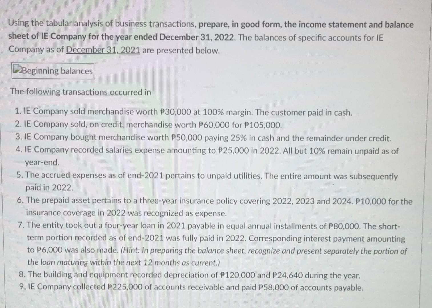 Tablular form give the income statement and balance sheet Using the