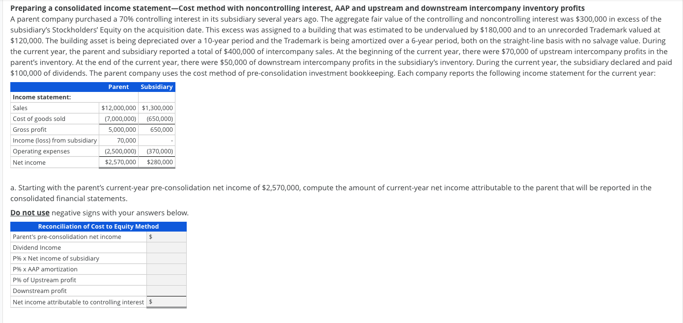 Please help! I only Need B! Preparing a consolidated income statement-Cost method