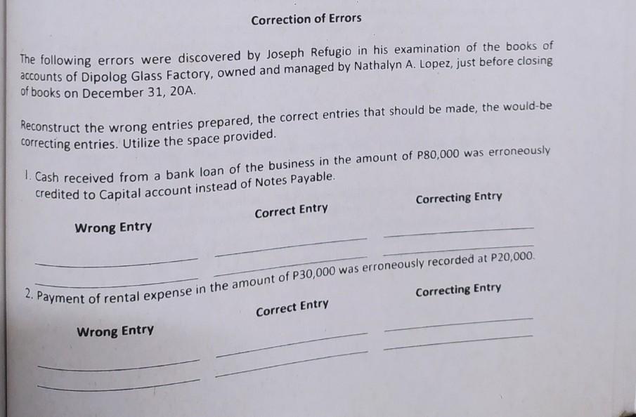  Correction of Errors The following errors were discovered by Joseph Refugio