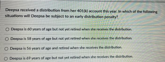  Deepsa received a distribution from her 401(k) account this year. In
