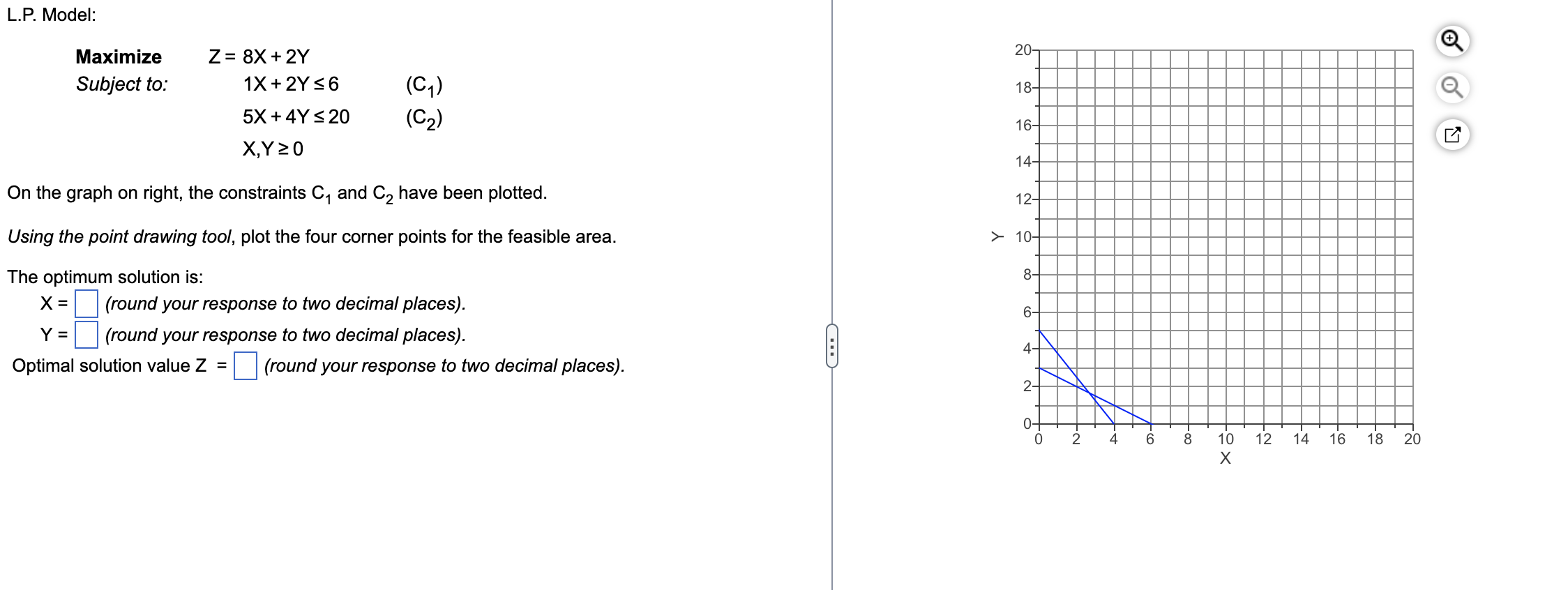  L.P. Model: Maximize Z=,8x+2Y Subject to: 1x+2Y6,(C1) ,5x+4Y20,(C2) , , On