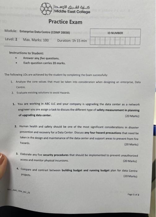 Practice Exam Module: Enterprise Data Centre (COMP 20030) Level:2 Max. Marks: