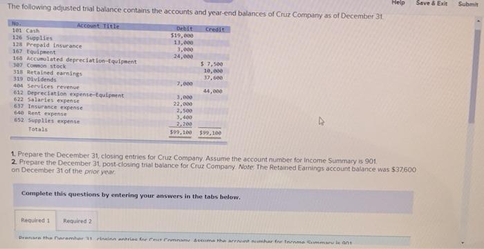 Help Save & Exit Submit The following adjusted trial balance contains