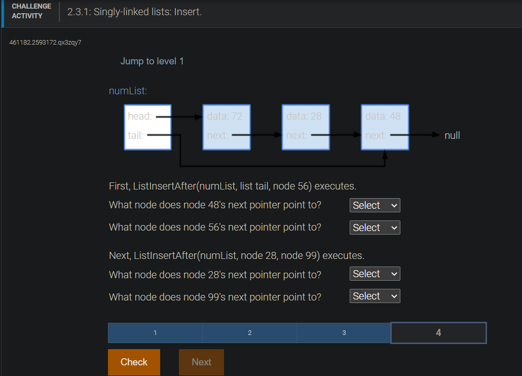 Need Clear Concise Answers! First, ListInsertAfter(numList, list tail, node 56) executes.