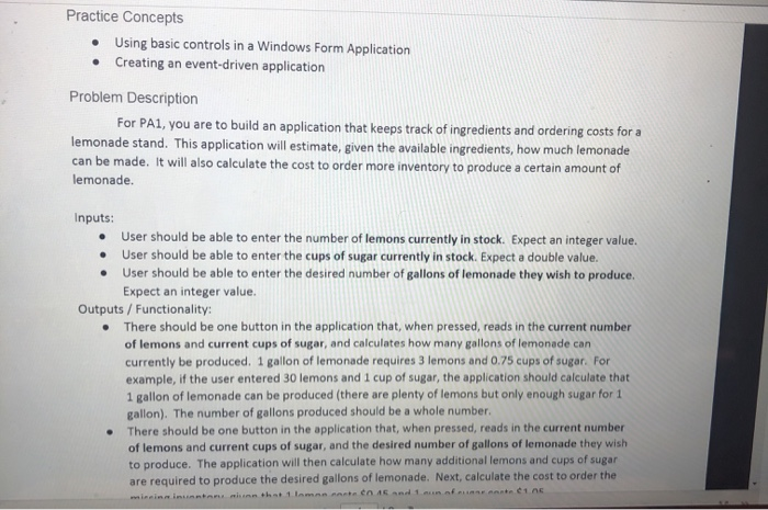  Practice Concepts Using basic controls in a Windows Form Application Creating