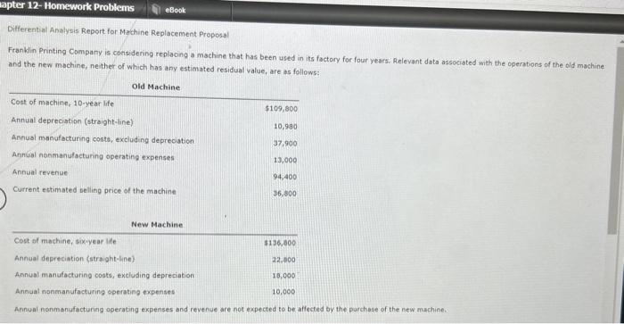  Difterential Anslysis Report for Machine Replacement Proposal Franklin Printing Company is