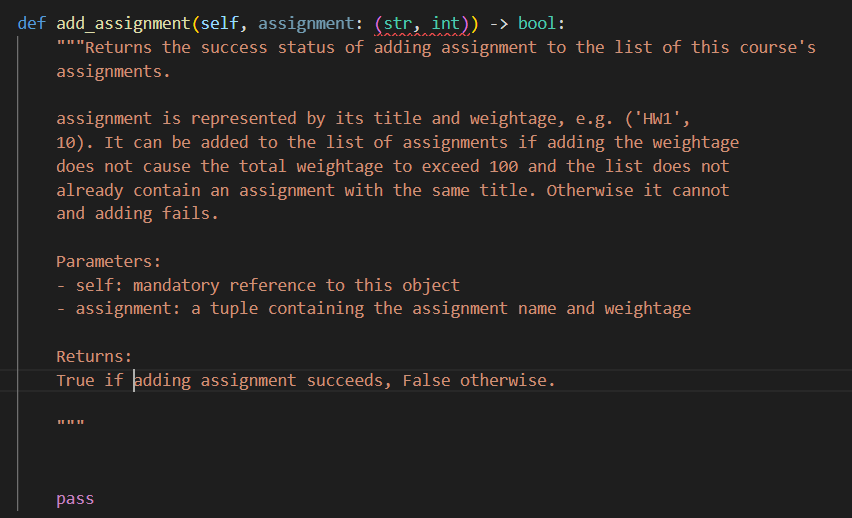 need python code for this the class is Course def add_assignment(self, assignment: