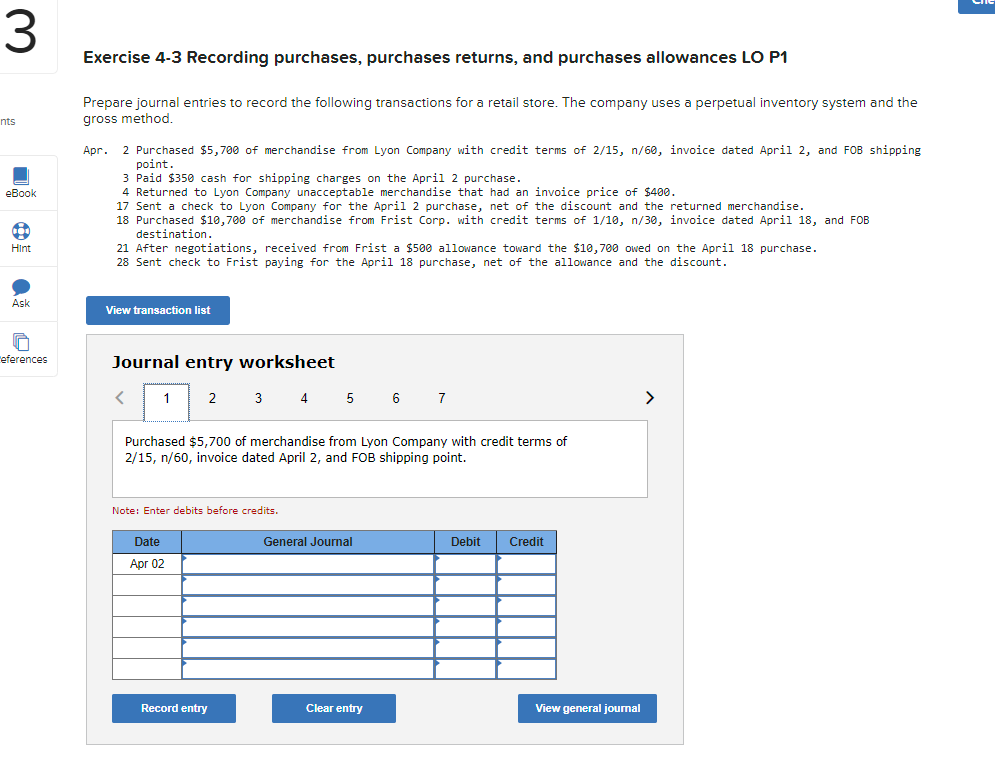  3 Exercise 4-3 Recording purchases, purchases returns, and purchases allowances LO