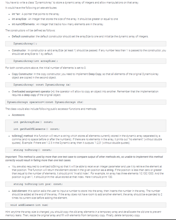 C++ classes, constructors, function overloading You have to write a class "DynamicArray