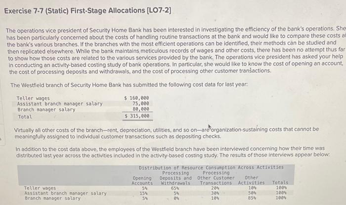  Exercise 7-7 (Static) First-Stage Allocations (L07-2] The operations vice president of