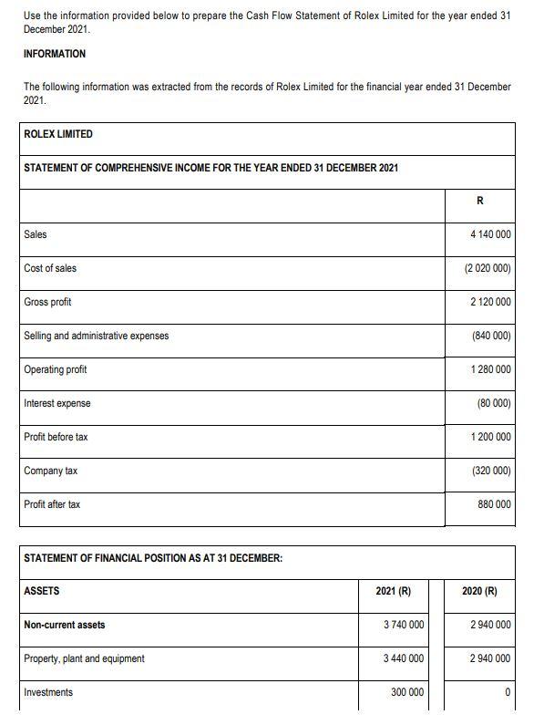  Use the information provided below to prepare the Cash Flow Statement