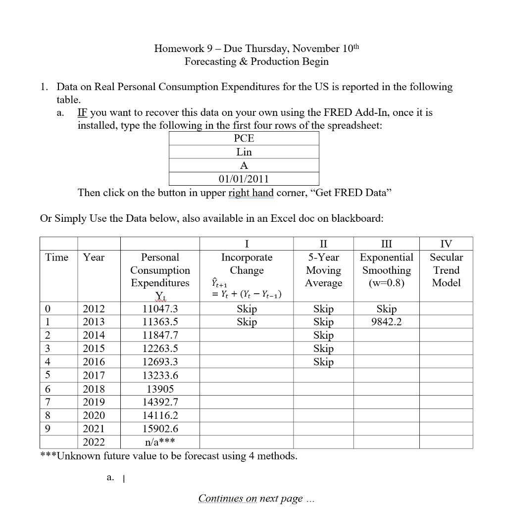  Homework 9 Due Thursday, November 10th Forecasting \& Production Begin 1.